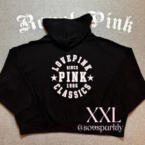 VS PINK Limited Edition Pure Black Pink Classic Fleece Full Zip Up Hoodie - XXL